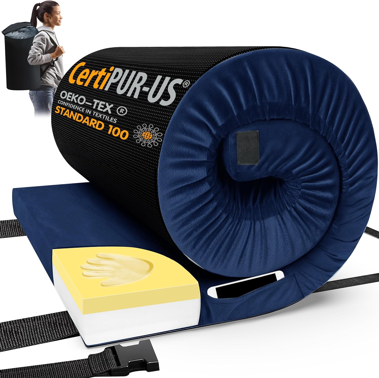 CYMULA Colchón de espuma viscoelástica para campamento, tapete de dormir CertiPUR-US portátil enrollable para adultos, almohadillas de cama de