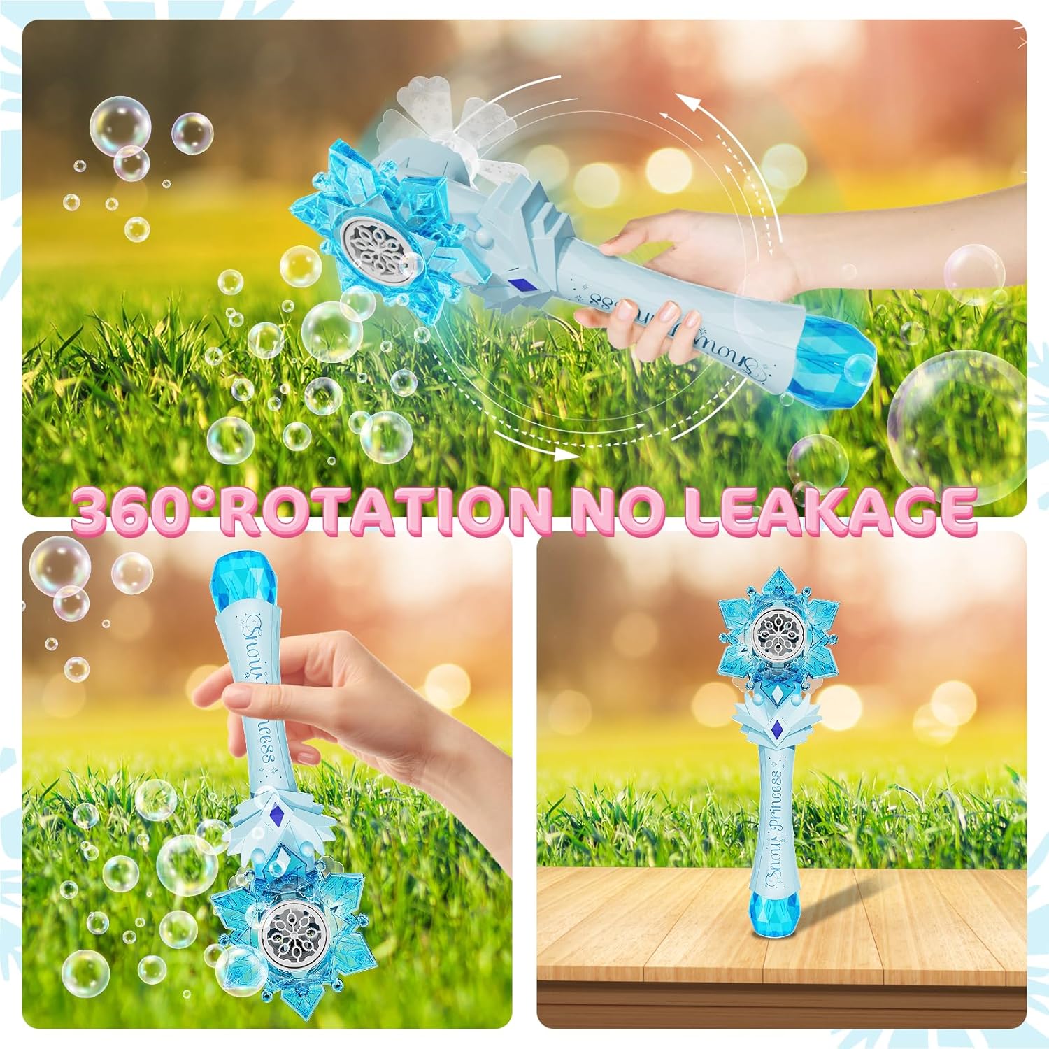 VATOS Varitas de burbujas 2 paquetes para niños, máquina sopladora automática de burbujas, luz y música, varita de burbujas de copo de nieve con 2