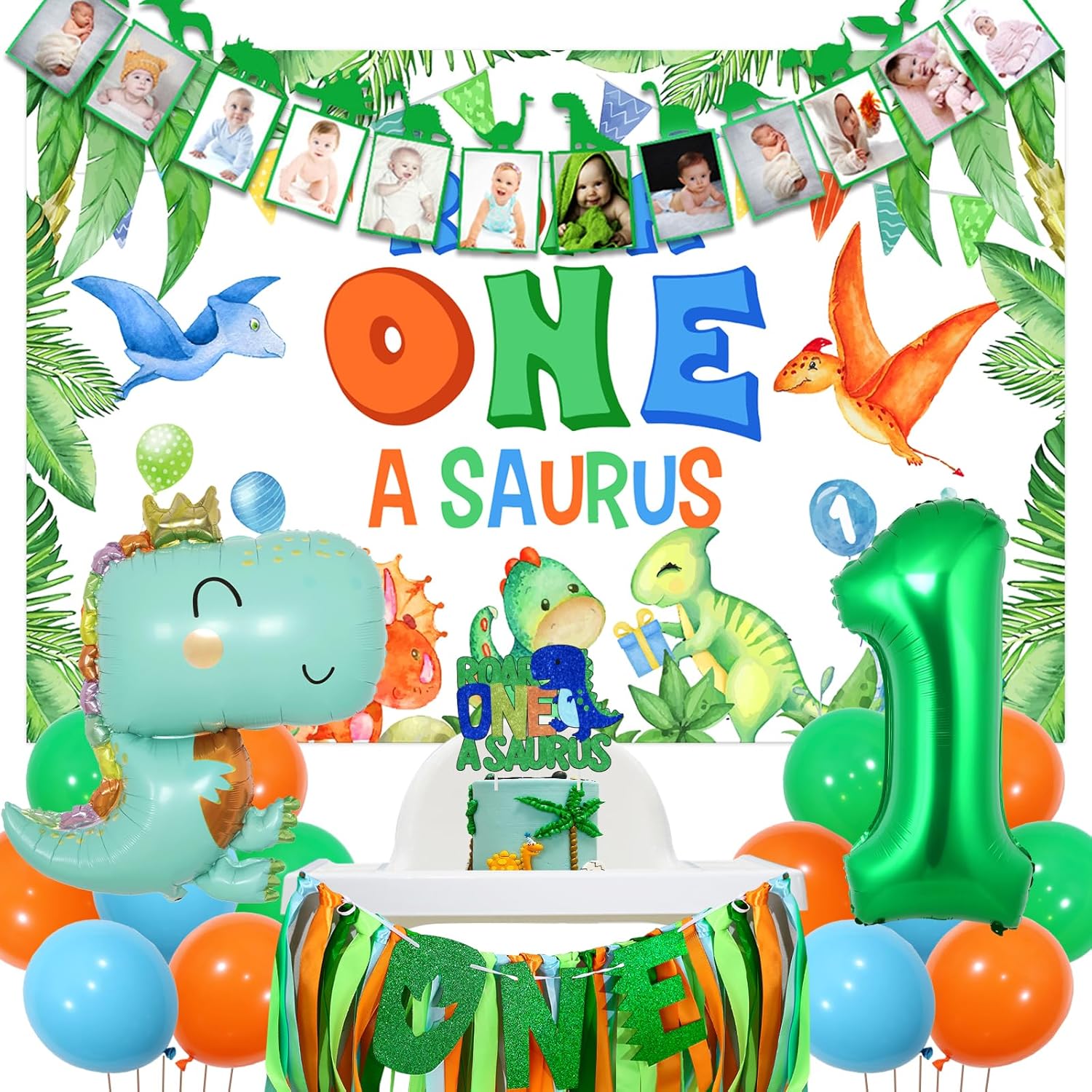Decoraciones de dinosaurio para el primer cumpleaños de niño  Telón de fondo de rugido, pancarta mensual de dinosaurio para fotos, decoración de
