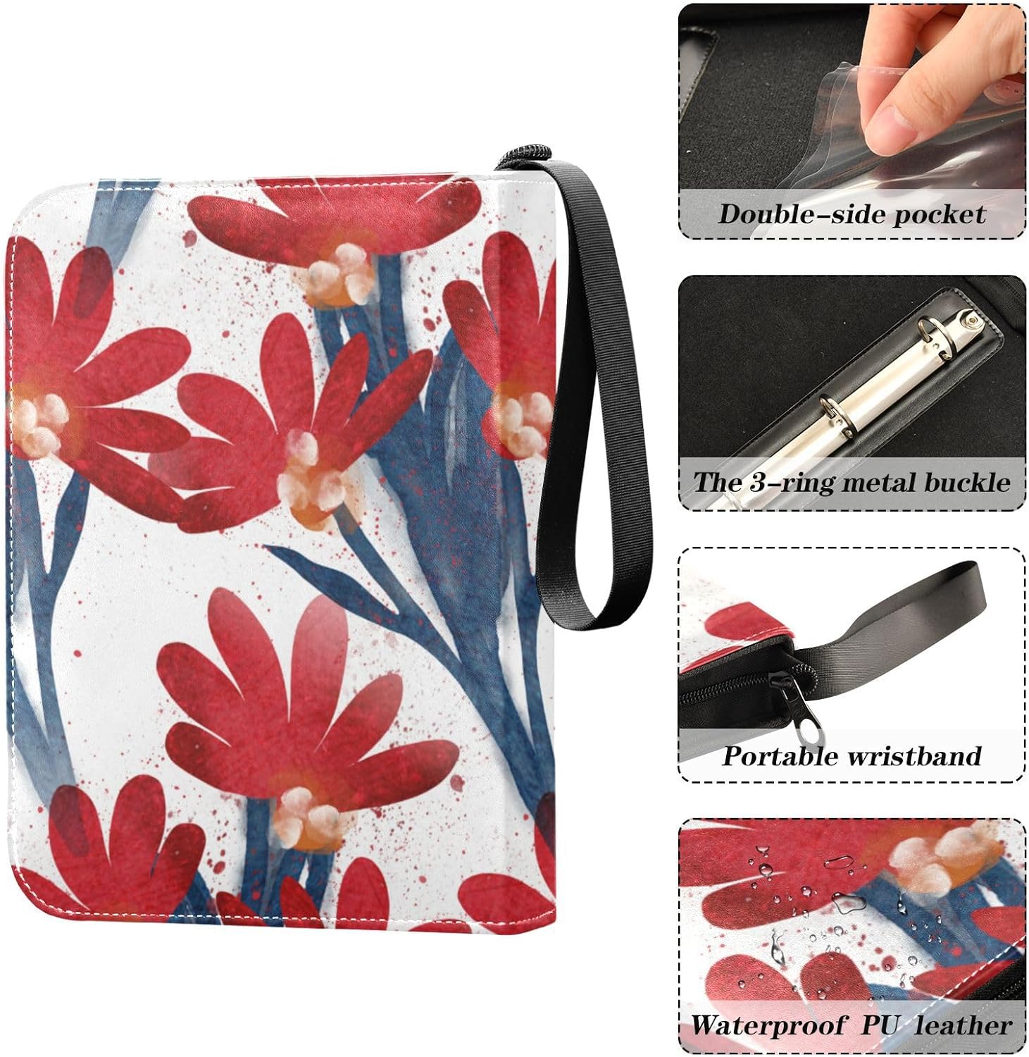 Spring Floral Flower Trading Card Binder 4-Pocket Card Holder with 50 Removable Sleeves 3-Ring Card Albums Binder Holds Up to 400 Cards Card Book