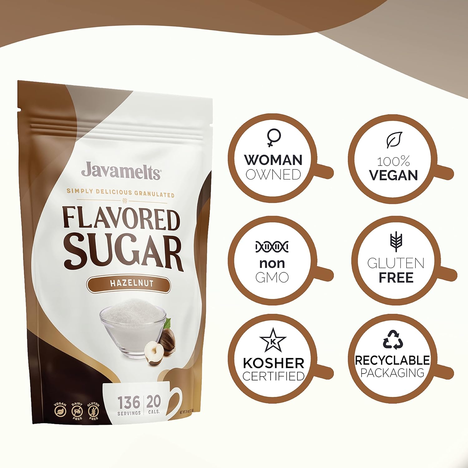 JAVAMELTS Azúcar con sabor a avellana, añade sabor a tu café o té, o al hornear dulces, sin OMG, sin lácteos, sin gluten, kosher, (bolsa de 1.5