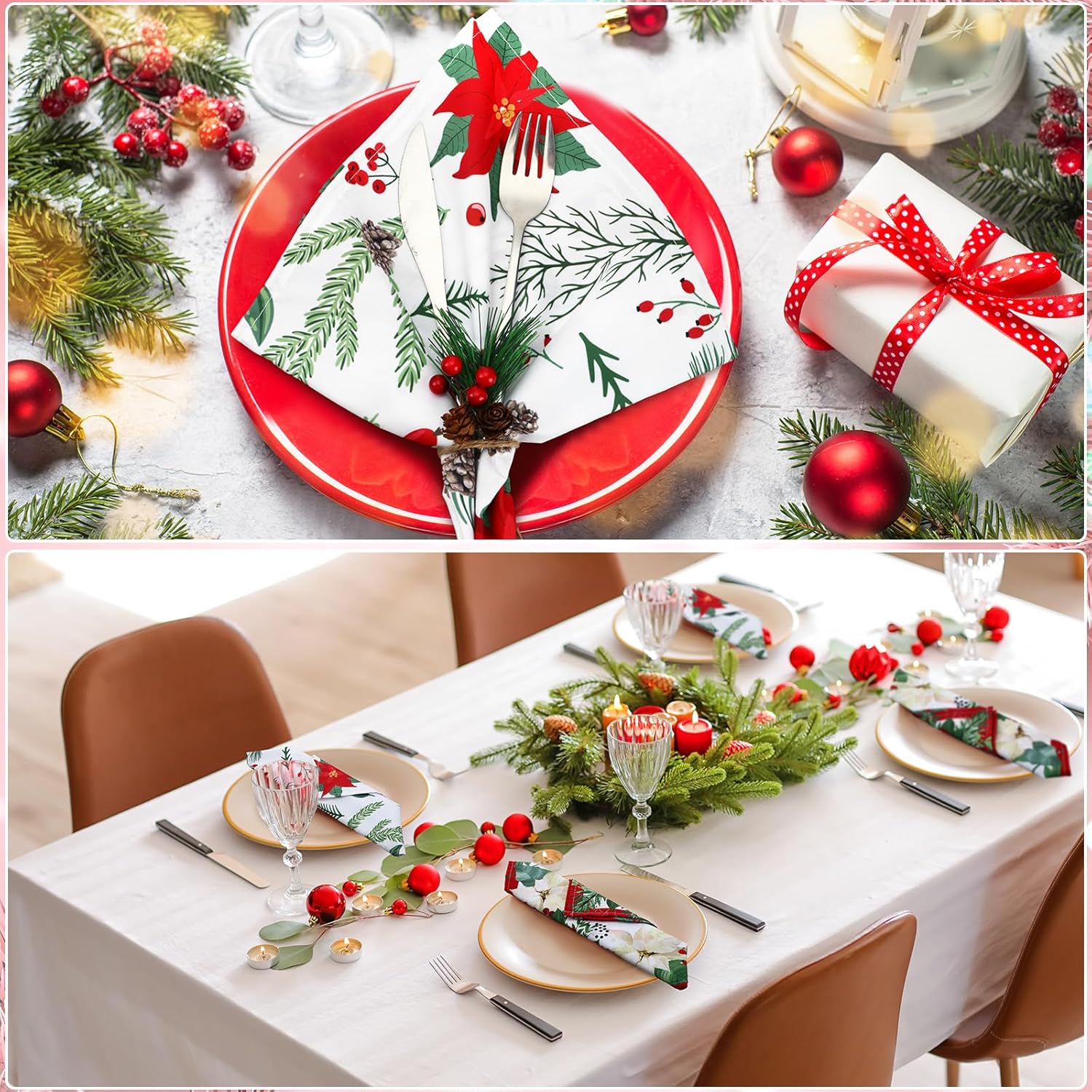 Nitial 24 servilletas de tela de Navidad, servilletas de tela floral de Pascua de Navidad, lavables de color navideño, para cocina, decoración de