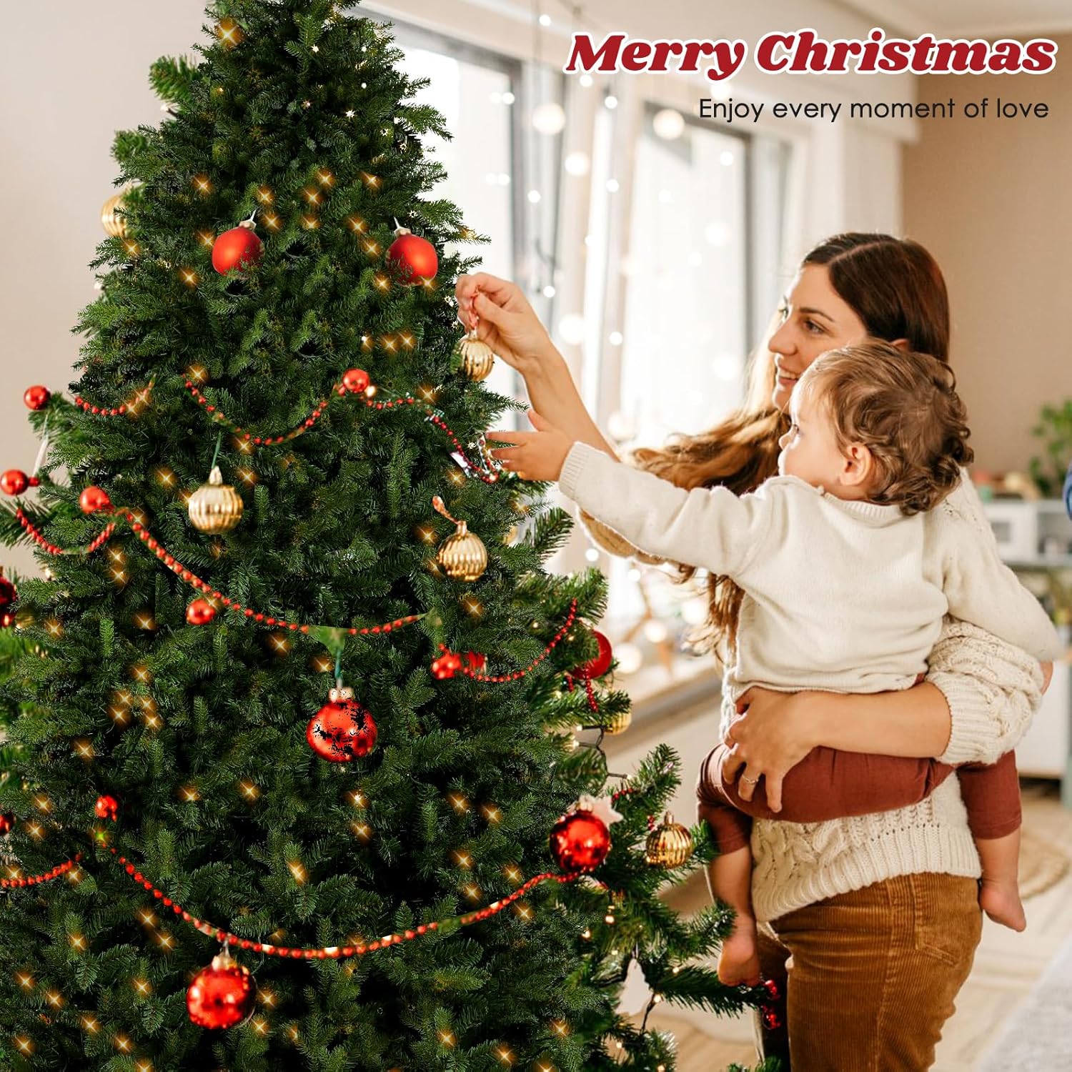 okicoler Árbol de Navidad de abeto Aspen preiluminado de 7.5 pies, árbol de Navidad artificial de polietileno real, con 1605 ramas, soporte