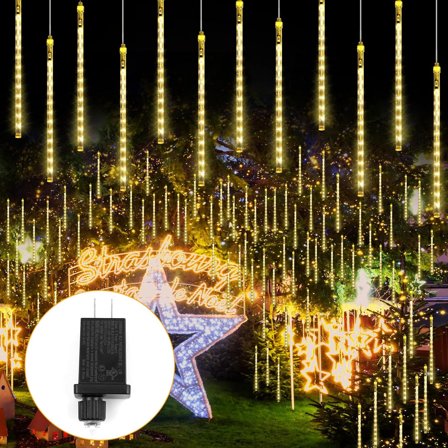 Luces de lluvia de meteoritos, 192 luces LED de lluvia que caen, 8 tubos de 11.8 pulgadas, luces de Navidad impermeables para enchufar, luces LED de