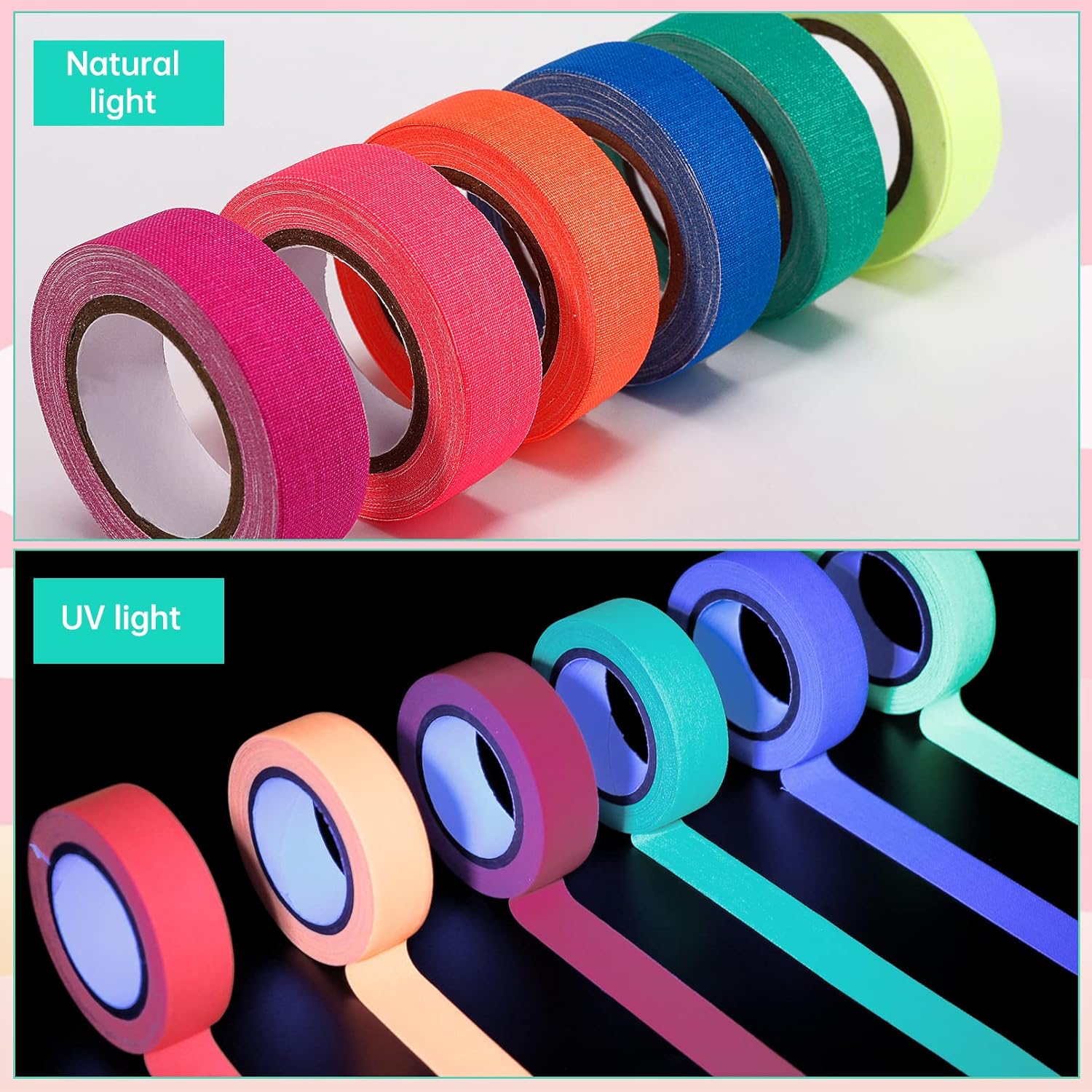 6 rollos de cinta de tela Gaffer de neón, 6 colores de cinta reactiva con luz negra UV, fluorescente UV que brilla en la oscuridad, cinta adhesiva