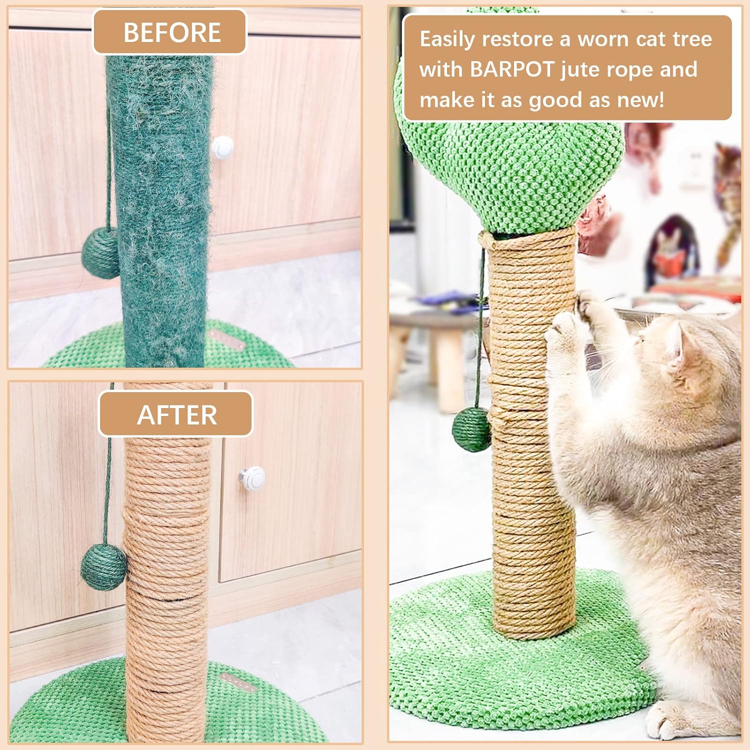 Cuerda de repuesto para rascador de gatos, cuerda de cáñamo natural de 14 de pulgada, cuerda para poste rascador de gatos, cuerda de reparación de