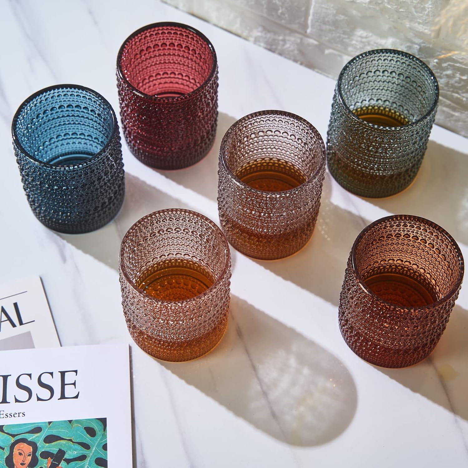 Khen Juego de 6 vasos con cuentas, diseño vintage de hobnail de 11 onzas, diseño de burbujas apagadas para whisky, anticuado, diseño en relieve,