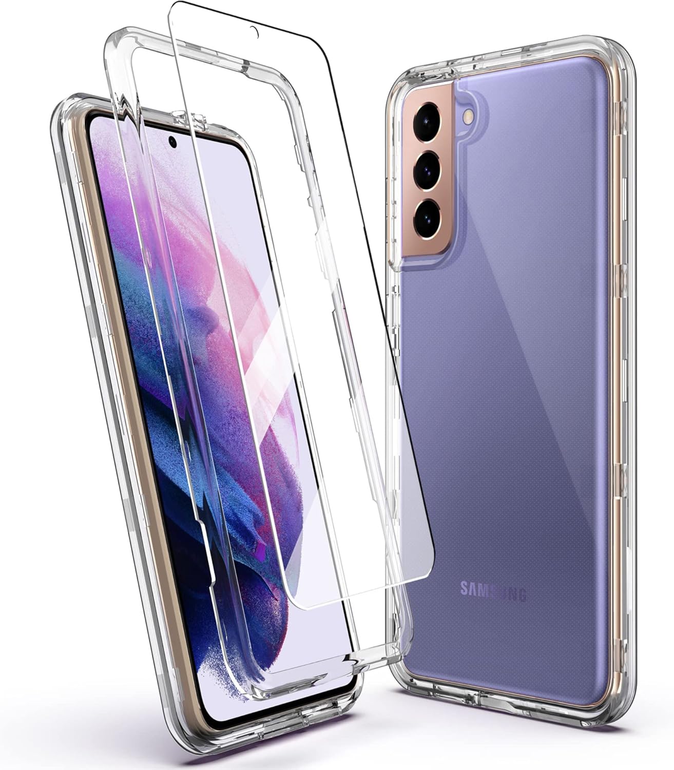 KIOMY Funda transparente a prueba de golpes para Galaxy S21+ 5G y 2 protectores de vidrio templado, carcasa rígida híbrida 3 en 1 y parachoques de
