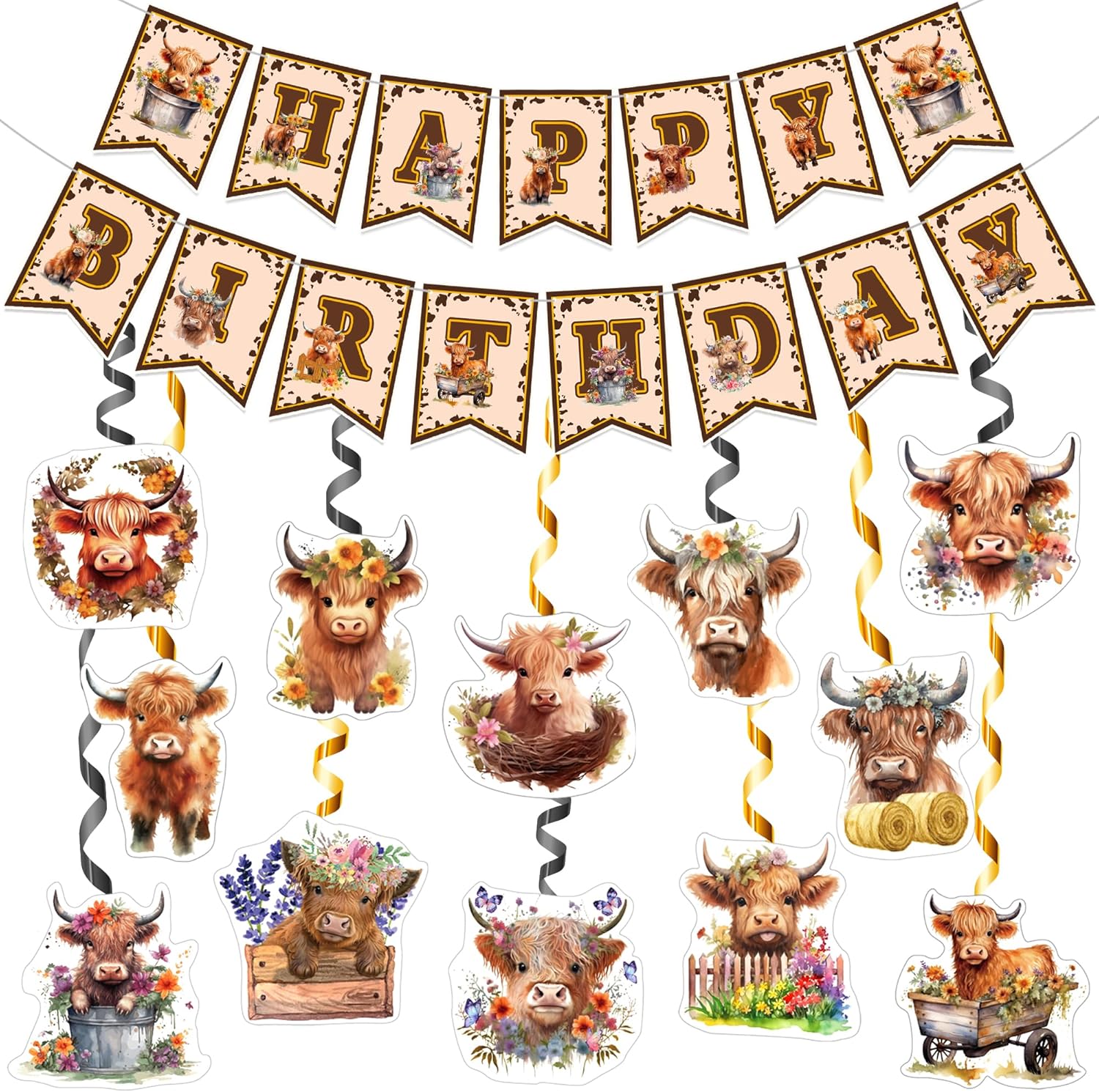 Cartel de decoración de cumpleaños de vaca de las tierras altas con 12 piezas de remolinos colgantes en el techo, serpentinas, suministros para