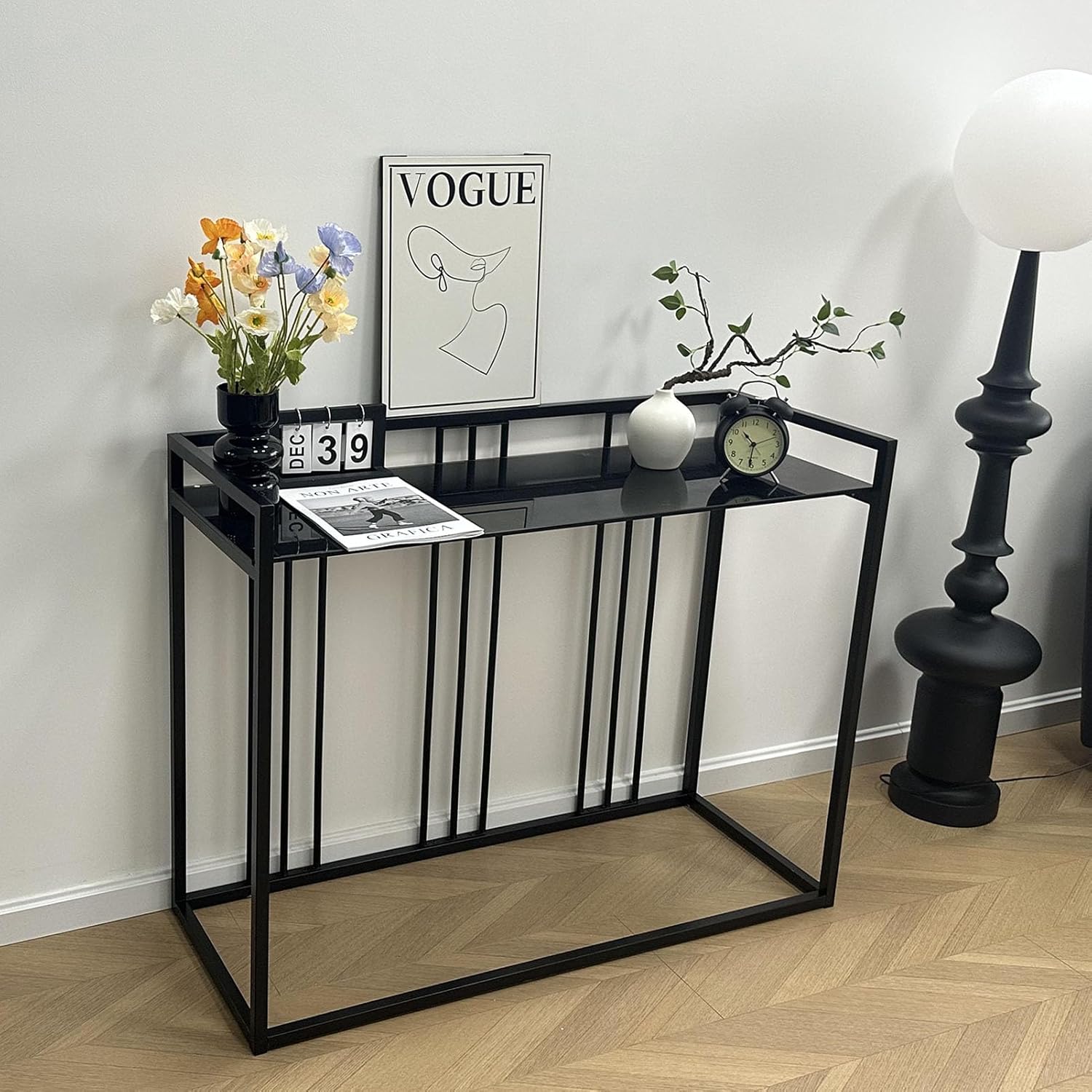 Mesa consola de 42 pulgadas, mesa de sofá de vidrio templado, mesa de entrada moderna con marco de metal para sala de estar, muebles de recibidor,