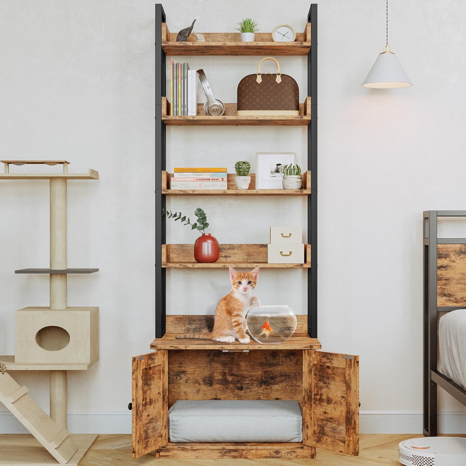 IRONCK Caja de arena con 4 estantes y puertas, muebles de casa para gatos de interior para la mayoría de cajas de arena, marrón vintage