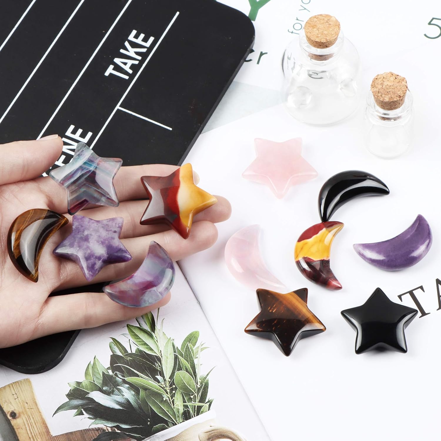 Artistone Cristal de lepidolita morada, estrella, luna, piedras preciosas en forma de chakra, cristales curativos, estrellas, lunas, piedras para