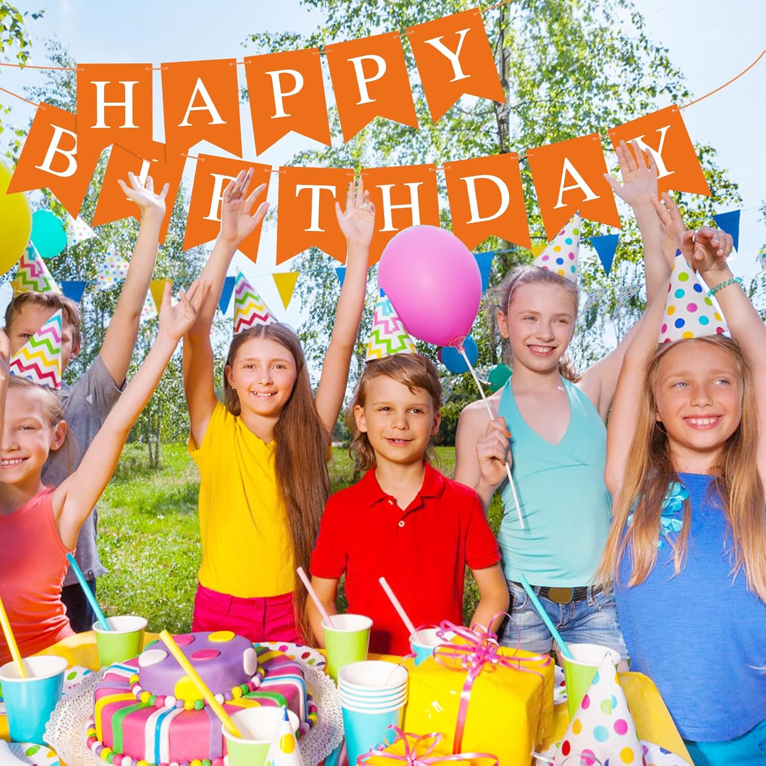 Cartel de cumpleaños naranja con texto en inglés “Happy Birthday” para niños, niñas, mujeres, cumpleaños, decoración de fiesta de té, banderines,
