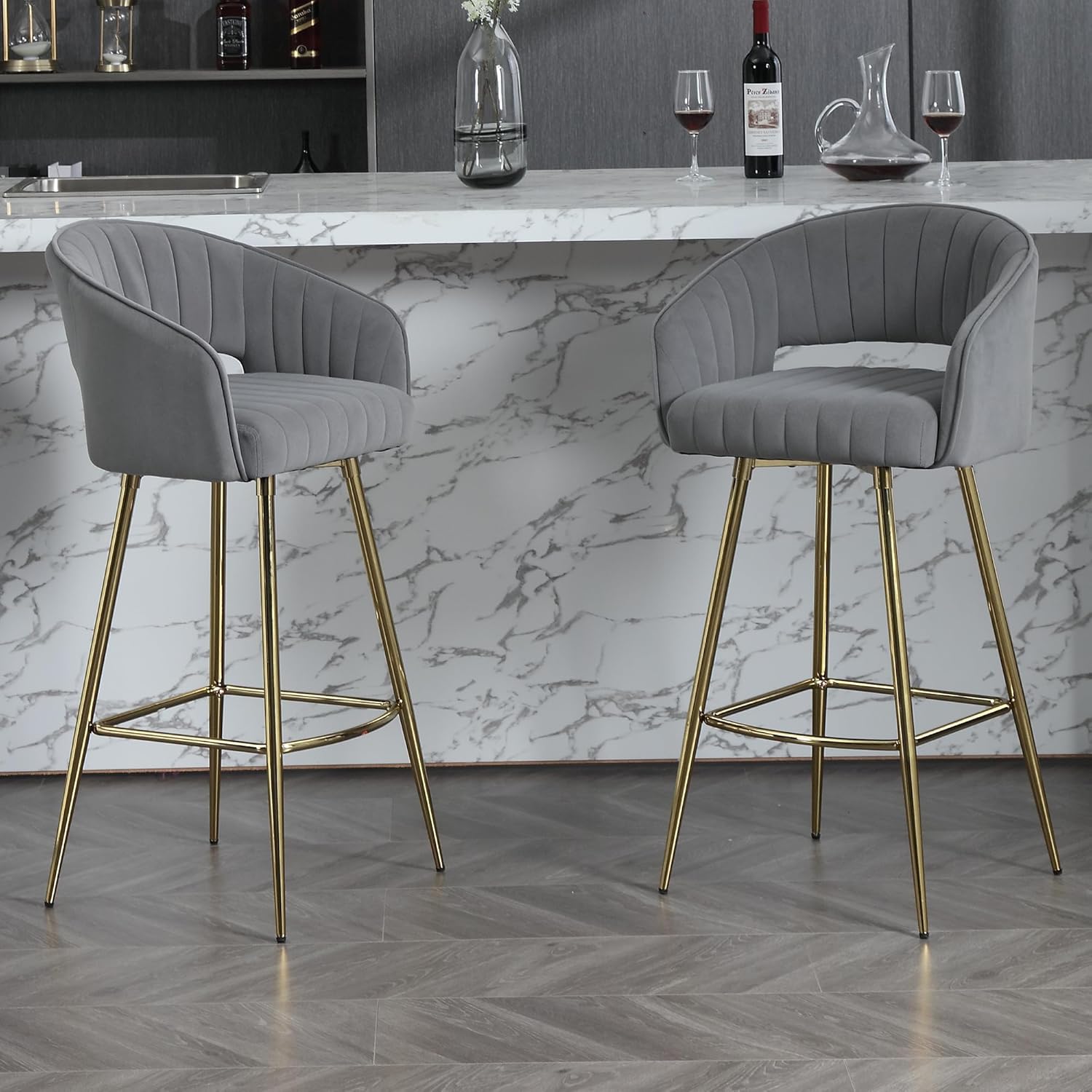 Westice Juego de 2 taburetes de bar, de terciopelo de 30 pulgadas de altura de asiento con respaldo y patas doradas, taburetes tapizados de altura