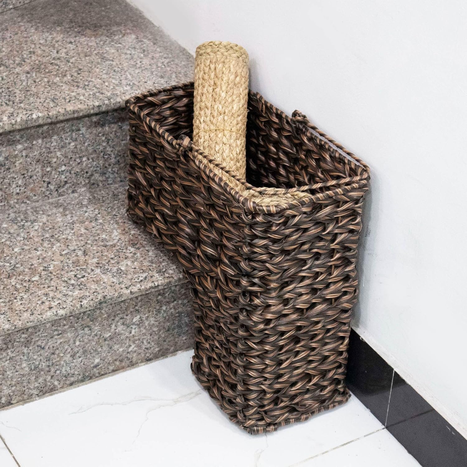 Cesta de mimbre para escaleras, tejida a mano, de varios pisos, cesta de almacenamiento de fieltro para escaleras, organización de zapatos, reunión