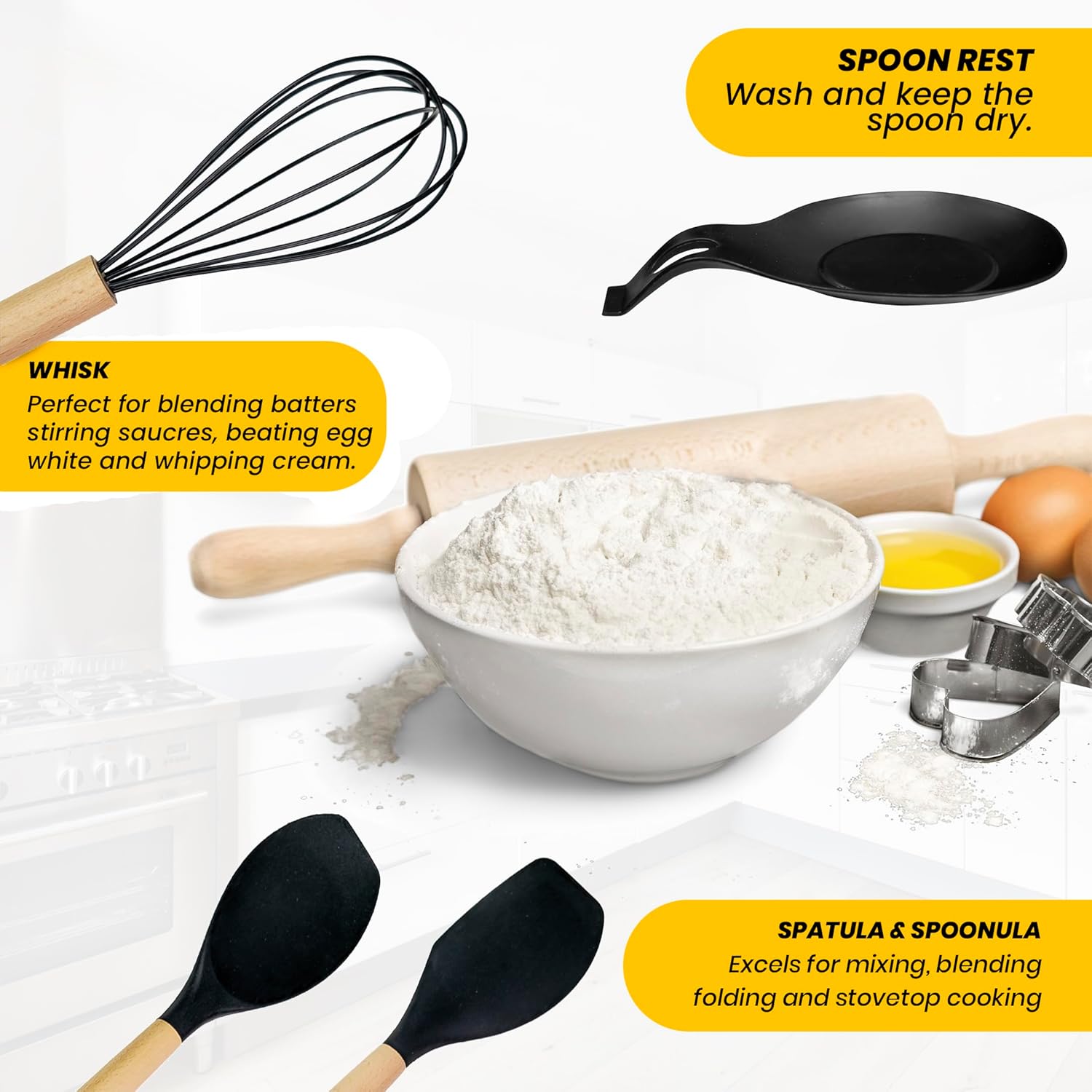 Juego de utensilios de cocina de silicona  23 piezas de espátula resistente al calor, cuchara, batidor, clips de mano, almohadilla de cuchara,