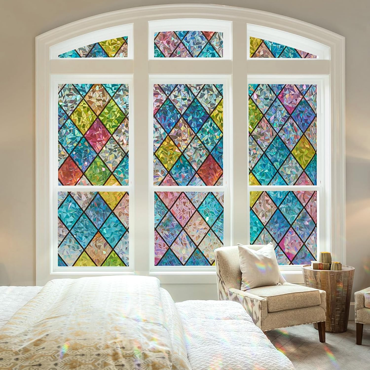 SUNBABY Película de vidrieras para ventana Película holográfica de privacidad para ventana de arco iris, película decorativa de privacidad con