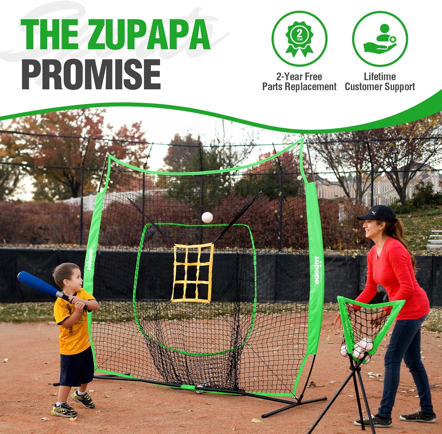 Zupapa Combo de práctica de béisbol y sóftbol, 7 x 7 pies, paquete de 12 pelotas de béisbol, zona de ataque vívido mejorada, red de práctica de