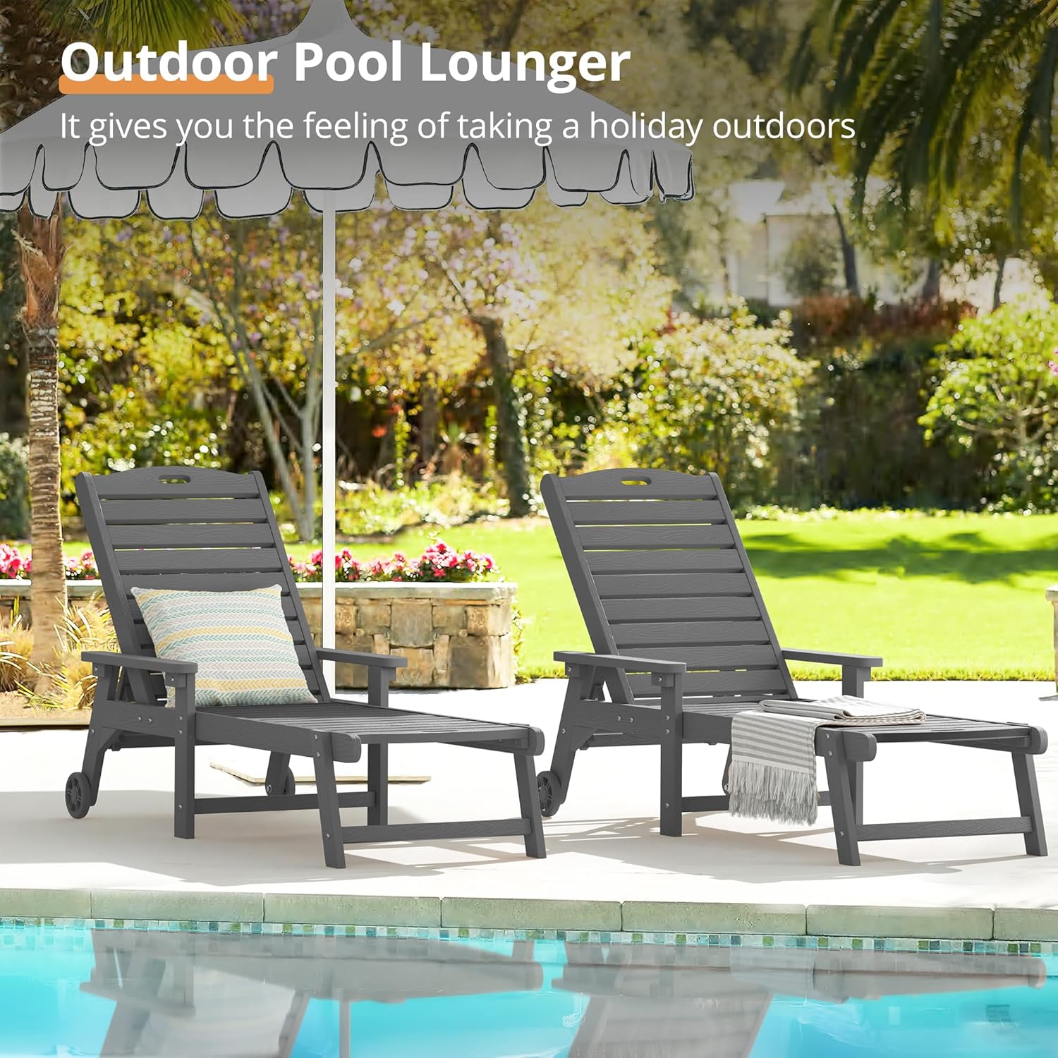 LUE BONA Tumbona para exteriores, material HDPS, silla de patio con respaldo ajustable, sillas de piscina de resina con ruedas para exteriores,