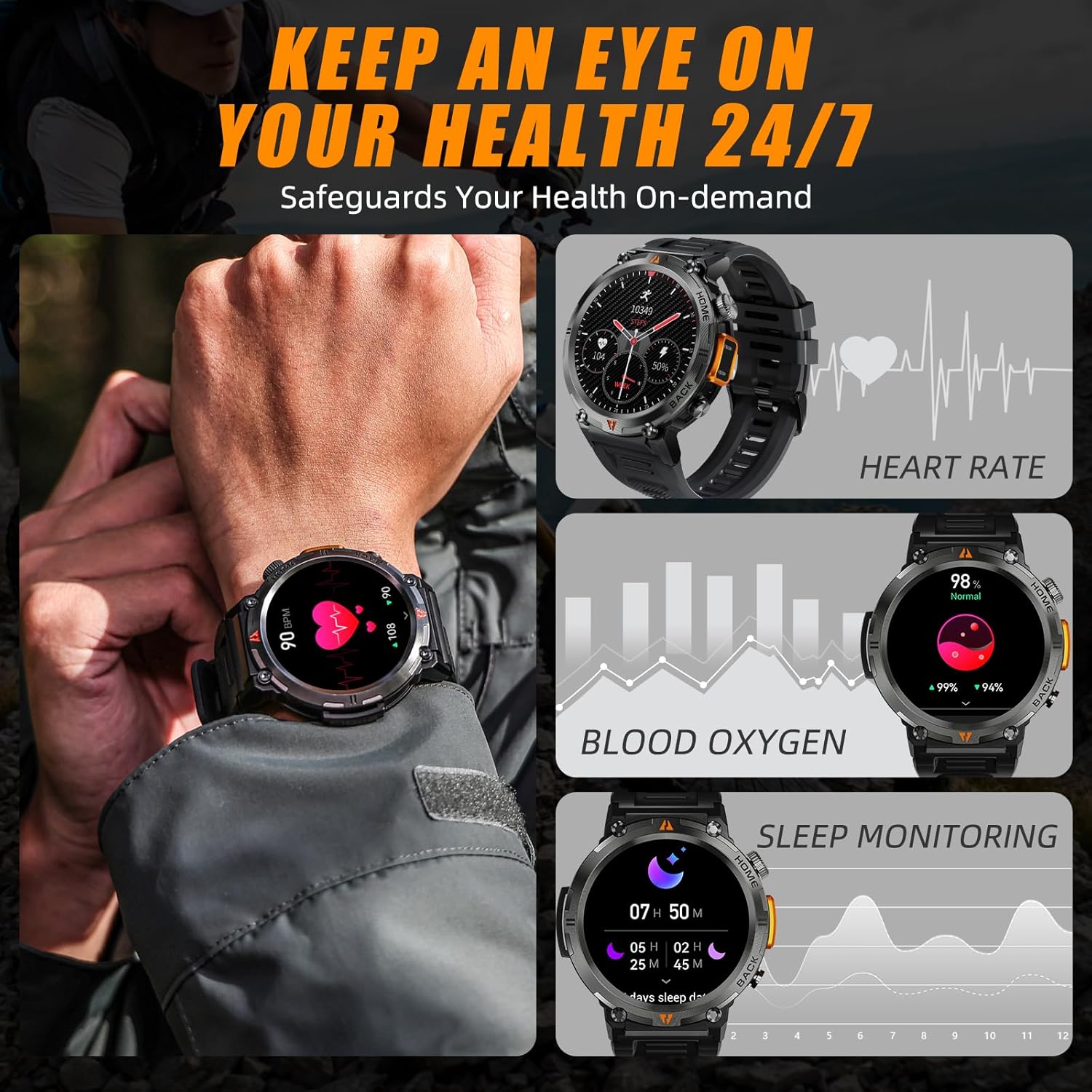 Reloj inteligente militar para hombres (respuestamarcado) linterna de 1.45 pulgadas, resistente reloj inteligente con más de 100 modos deportivos,