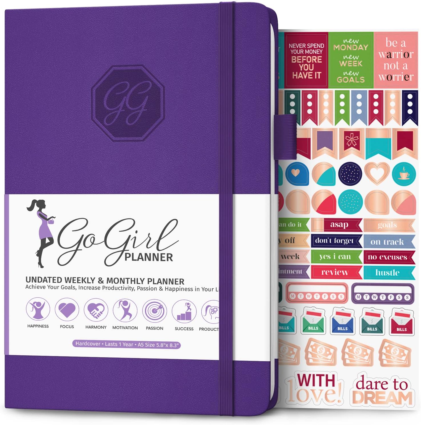 GoGirl Planner – Agenda y organizador para mujeres, sin fechas, comienza en cualquier momento, dura 1 año, 13.4 x 19.5 centímetros.