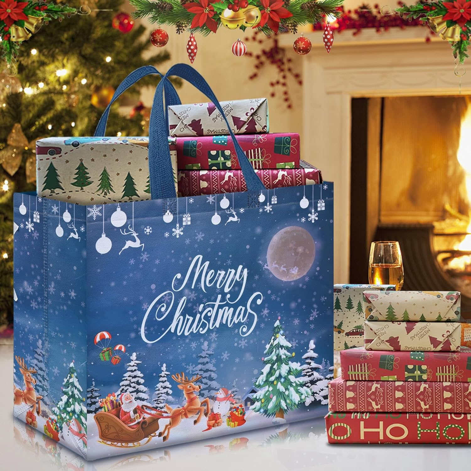AhfuLife 12 bolsas de regalo de Navidad extra grandes, 15.7 x 14.2 x 5.9 pulgadas, bolsas de Navidad con asas, bolsas de compras de Navidad