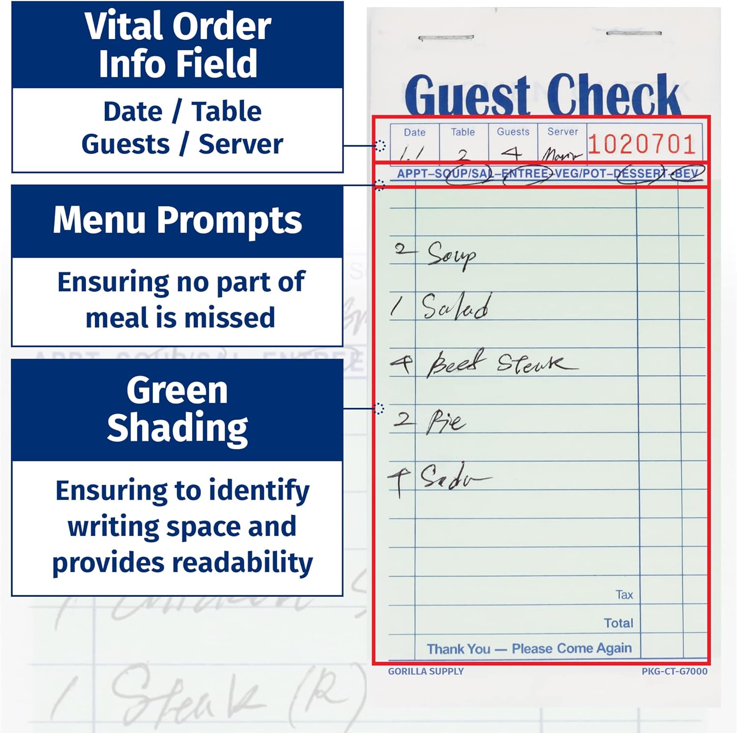 2500 Gorilla Supply – Libro de cheques para invitados de 3.4 x 6.73 pulgadas, bloc de notas para servidor para camarero y camarera, cheques