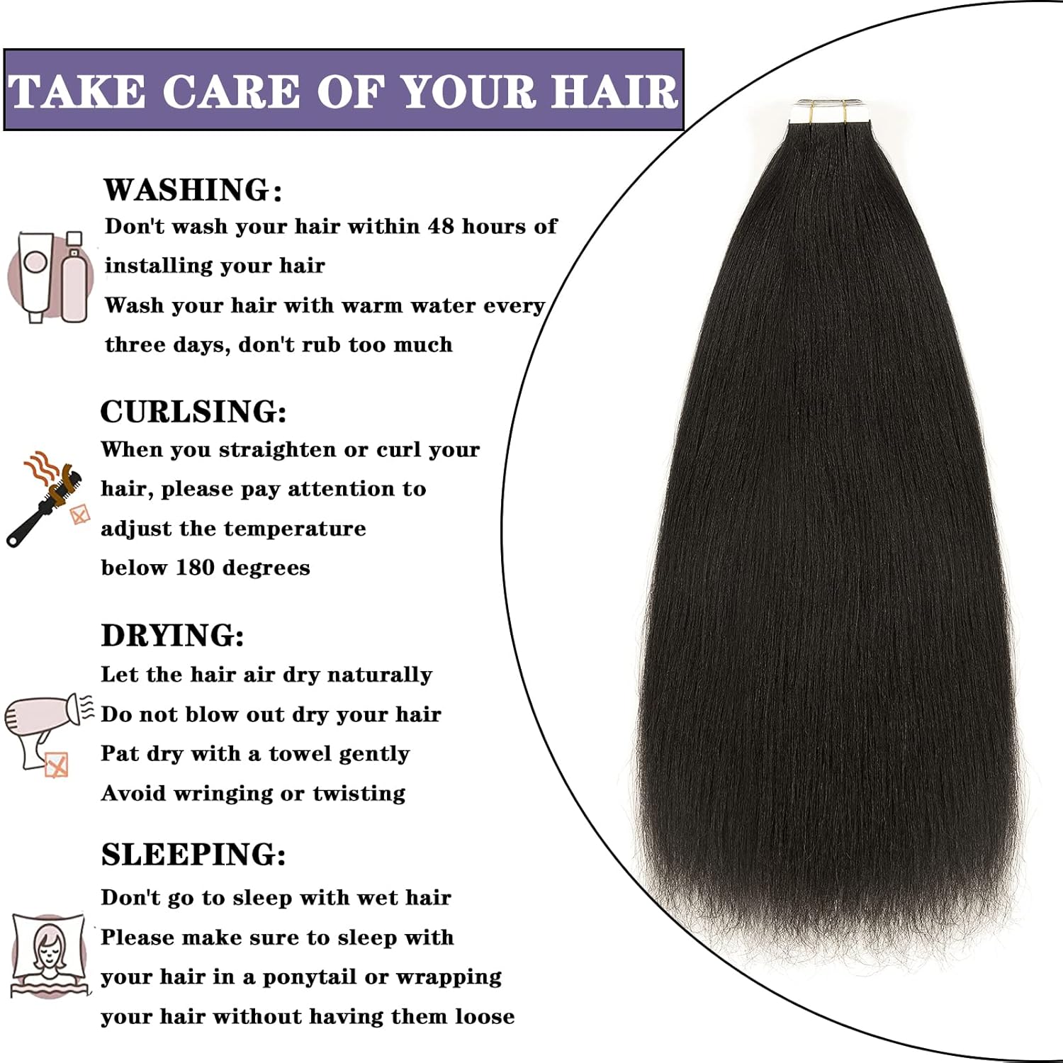 Anrosa Light Yaki – Extensiones adhesivas para mujeres negras, extensiones de cabello lacio Yaki brasileño 10A, color negro natural #1B, extensiones