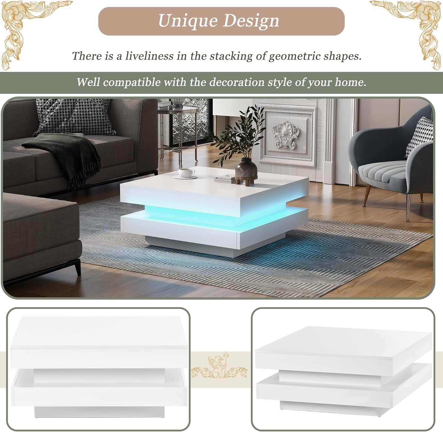 Mesa de centro cuadrada moderna, mesa de cóctel de 2 niveles con iluminación LED y control remoto, mesa central de alto brillo para sala de estar