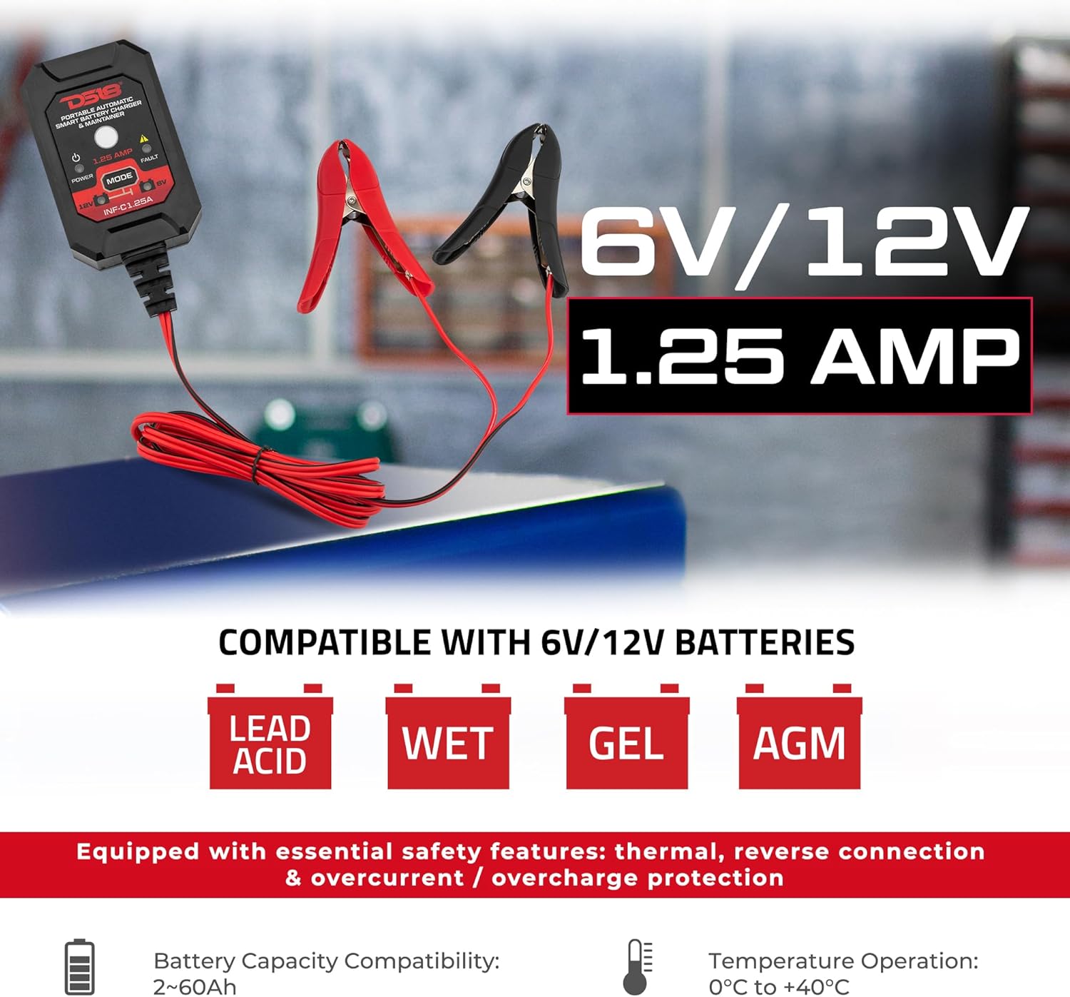 DS18 INF-C1.25A 1.25A Cargador de batería inteligente de coche, cargador automotriz de 6 V y 12 V, mantenedor de batería portátil, cargador