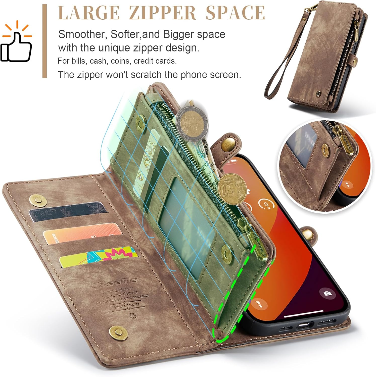 Kowauri Funda tipo cartera para iPhone 15 Pro Max, con cremallera, de piel con tarjetero y correa para la muñeca, desmontable, magnética, a prueba