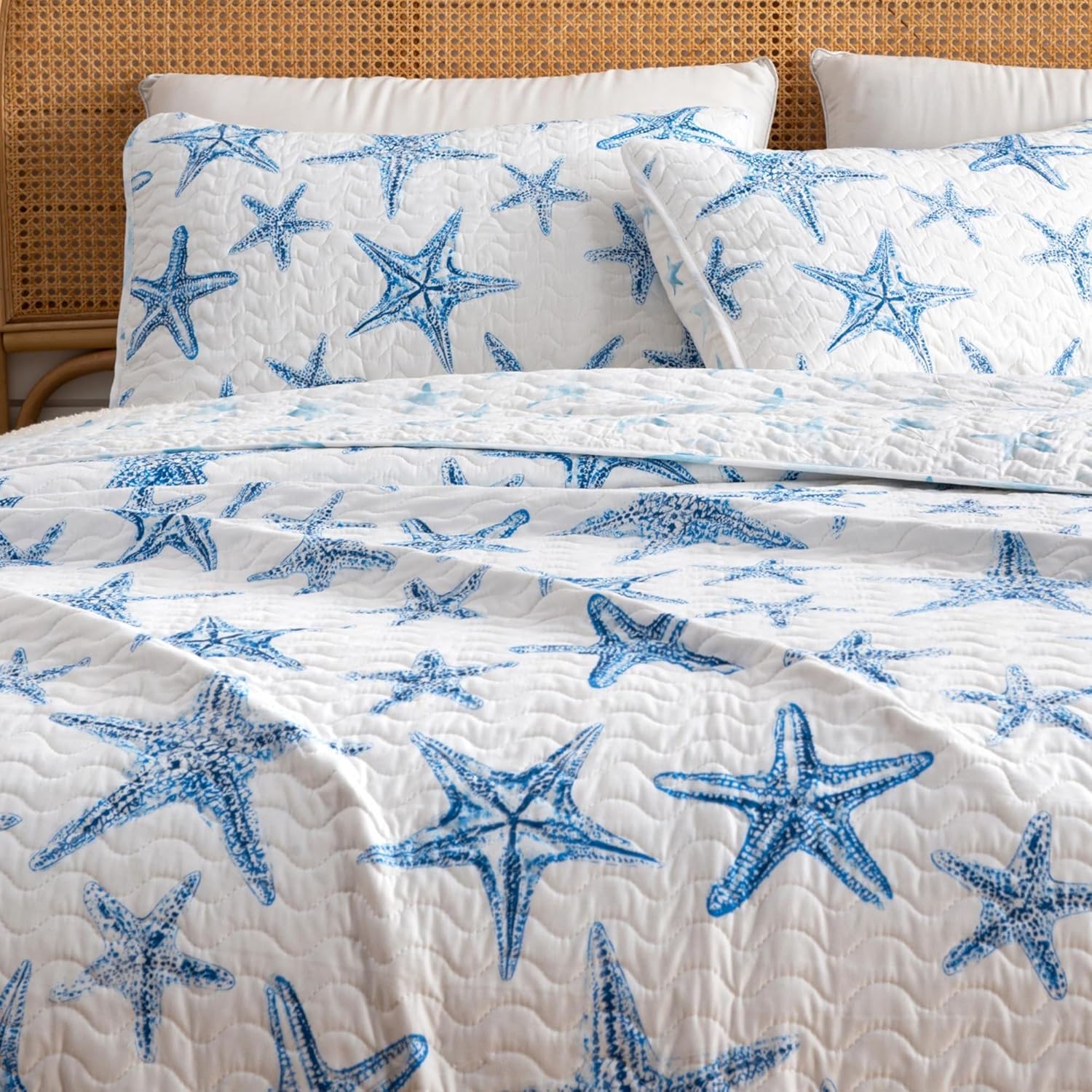 Juego de cama de edredón costero tamaño matrimonialQueen, edredón de verano con fundas, juego de edredón reversible de 3 piezas para playa Colcha