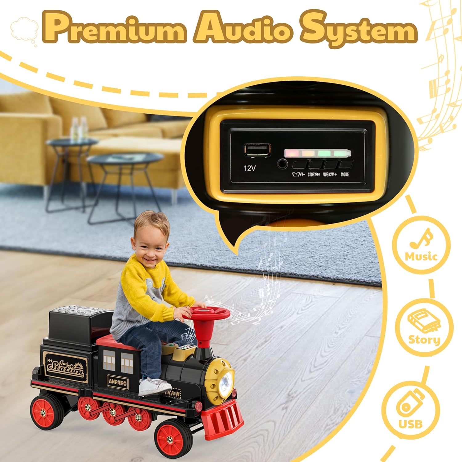 ANPABO Tren de 2 plazas sin pistas, juguete de 12 V con asiento ajustable en altura, almacenamiento adicional, faro, silbato de tren y música,