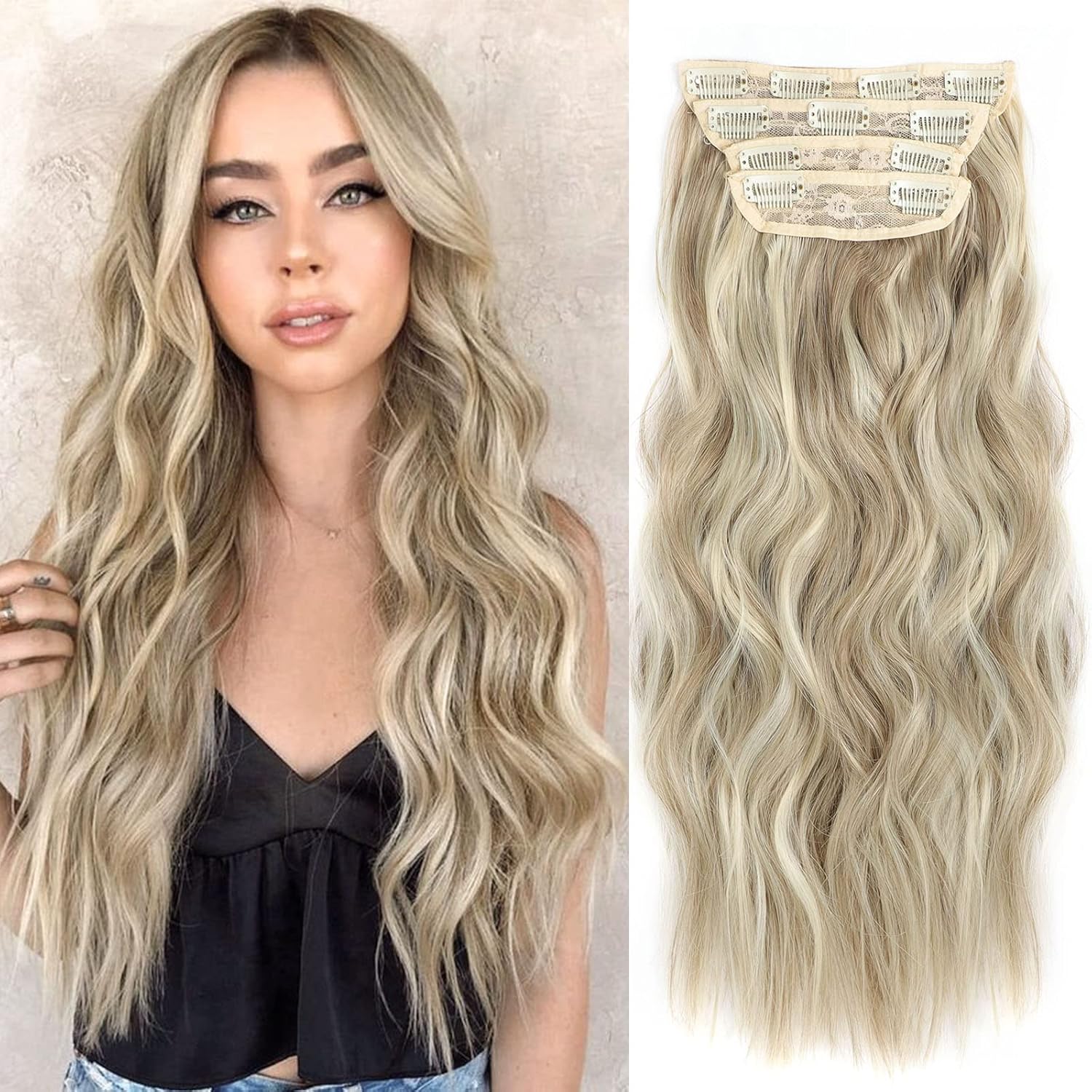 4 extensiones de cabello rizado con clip, color dorado oscuro, mezcla de rubio beige, sintético de 20 pulgadas, extensiones de cabello ondulado