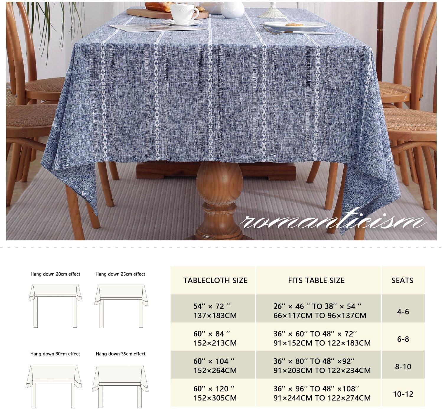 GSG Mantel de lino rústico estilo bohemio, color azul, mantel de cocina y comedor para mesas rectangulares, lavable, resistente a las arrugas, 60 x