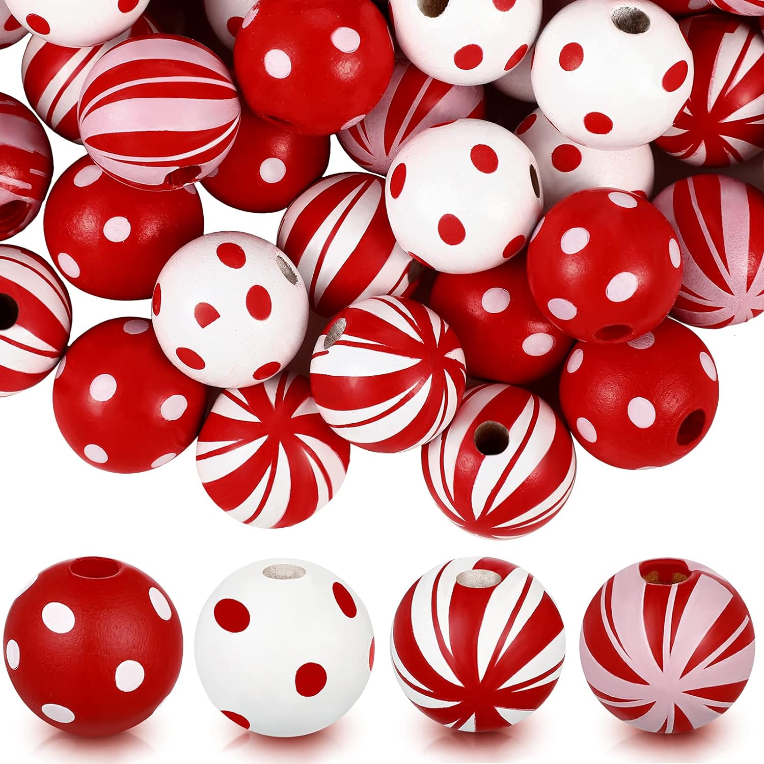 100 cuentas de madera de caña de caramelo de 0.63 pulgadas de Navidad punteadas de madera de rayas coloridas redondas espaciadoras perlas naturales