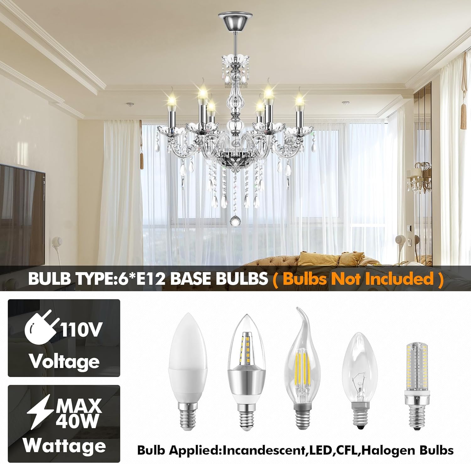 Ridgeyard 10 Luces Modernas Lujosas K9 Cristal Candelabro Lámpara Colgante Lámpara de Techo Salón Iluminación para Comedor Salón Dormitorio Entrada