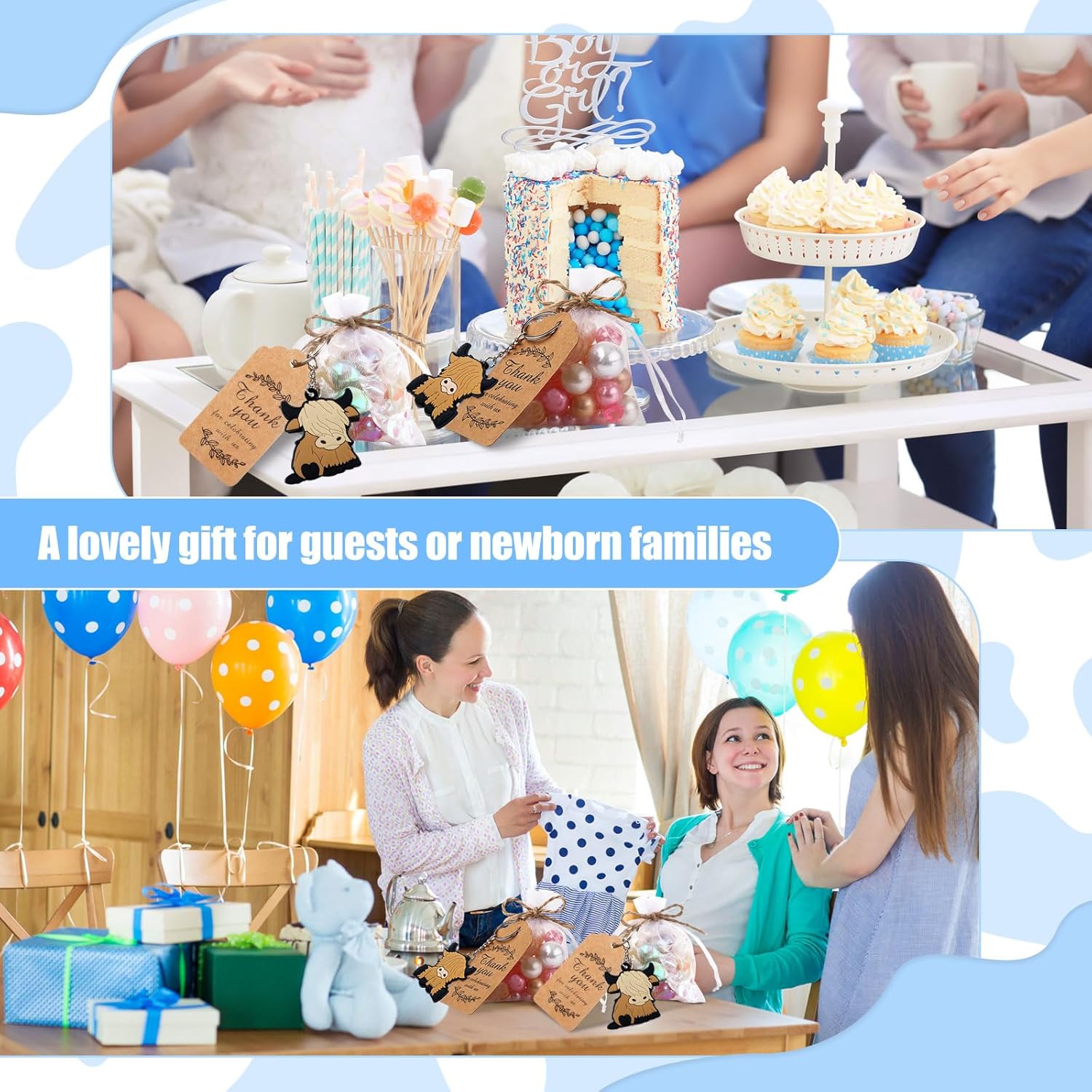 Kigeli 36 juegos de llaveros de fiesta de vaca de las tierras altas para niños con bolsas de organza, etiquetas de agradecimiento, regalos de