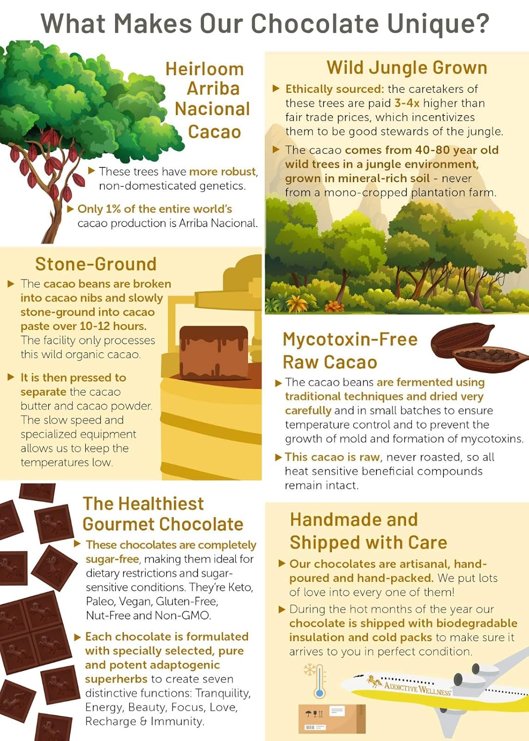 Addictive Wellness Chocolate crudo sin azúcar Recarga 12 PACK Vegano Paleo & Keto- Purely Superfoods y Adaptógenos