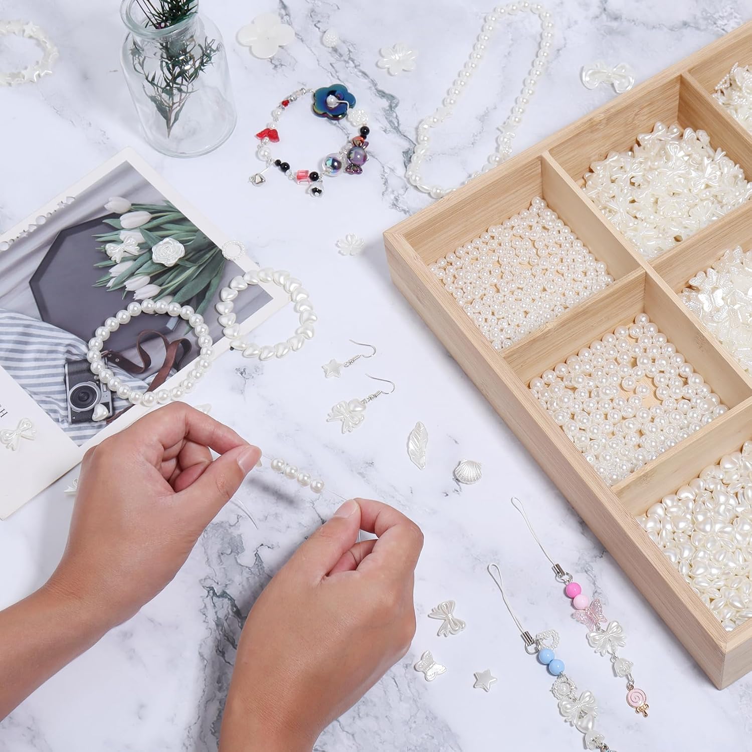 200 cuentas de perlas de imitación de acrilonitrilo butadieno estireno sueltas de mariposa blanca para hacer joyas, pulseras, collares, aretes,