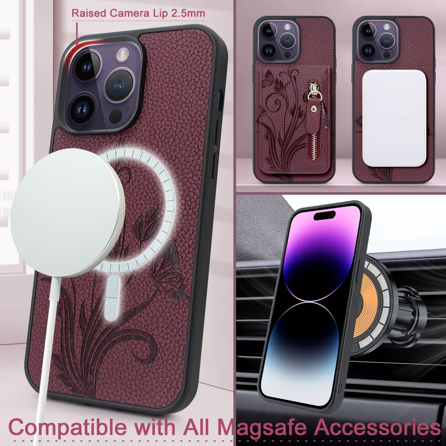 Lacass Funda compatible con MagSafe Case Wallet para iPhone 14 Pro Max de 6.7 pulgadas, tarjetero magnético desmontable con cremallera (floral rojo
