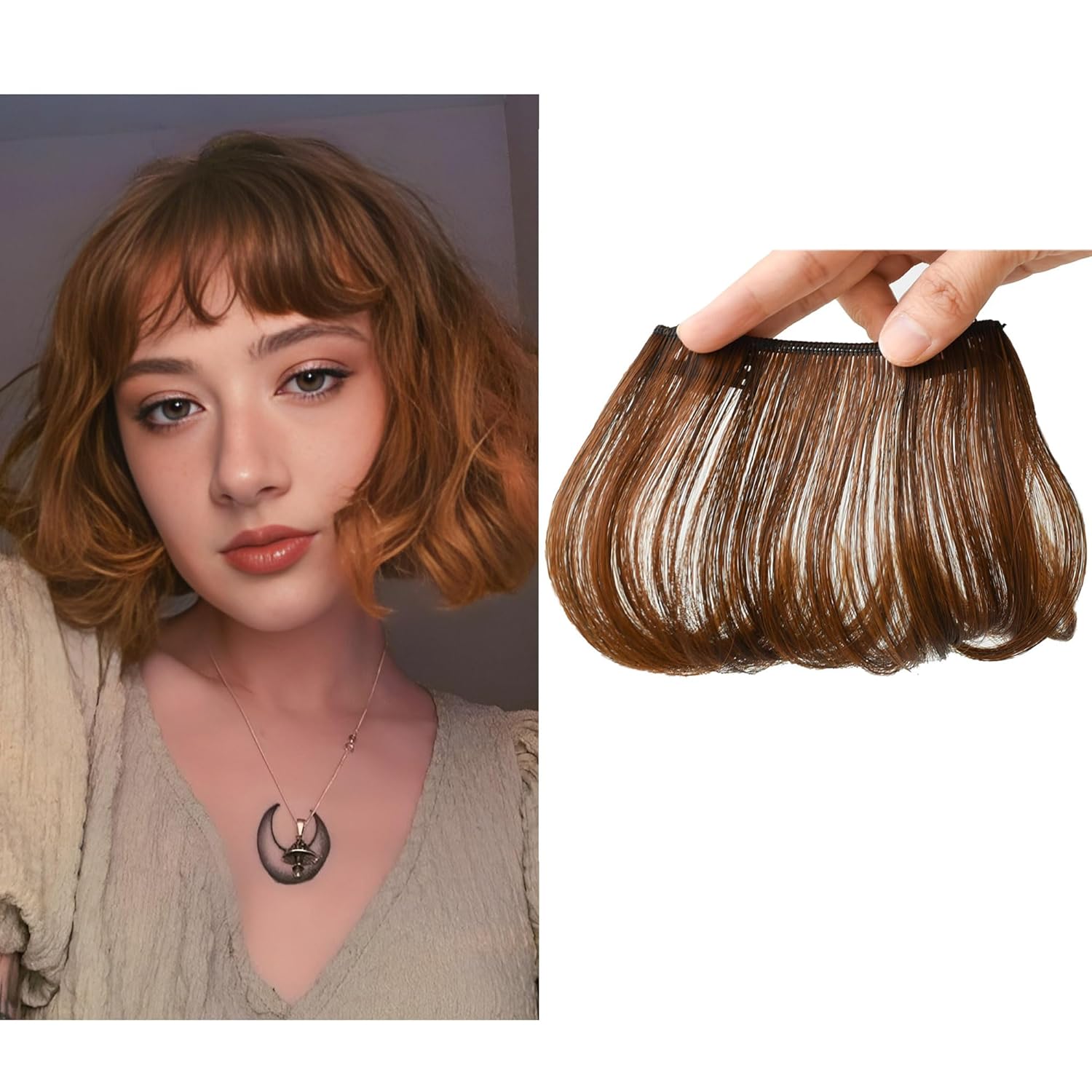 Flequillo rizado esponjoso, postizo de pelo sintético natural para mujer, fleco falso con clip (2 piezas, marrón claro)