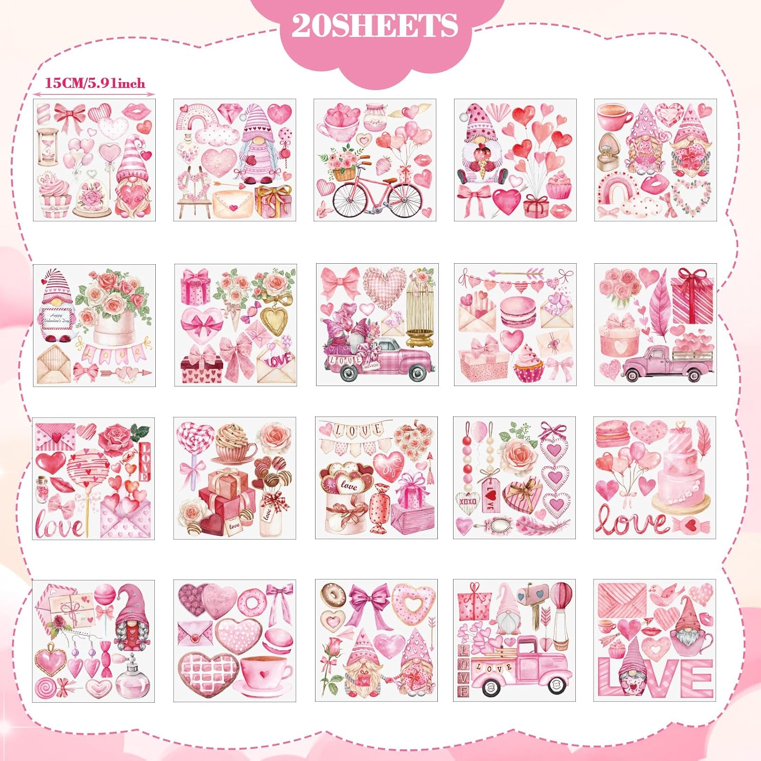 Honoson 20 hojas de transferencia para manualidades y muebles, calcomanías de transferencia para el día de San Valentín, diseño de gnomo de corazón,