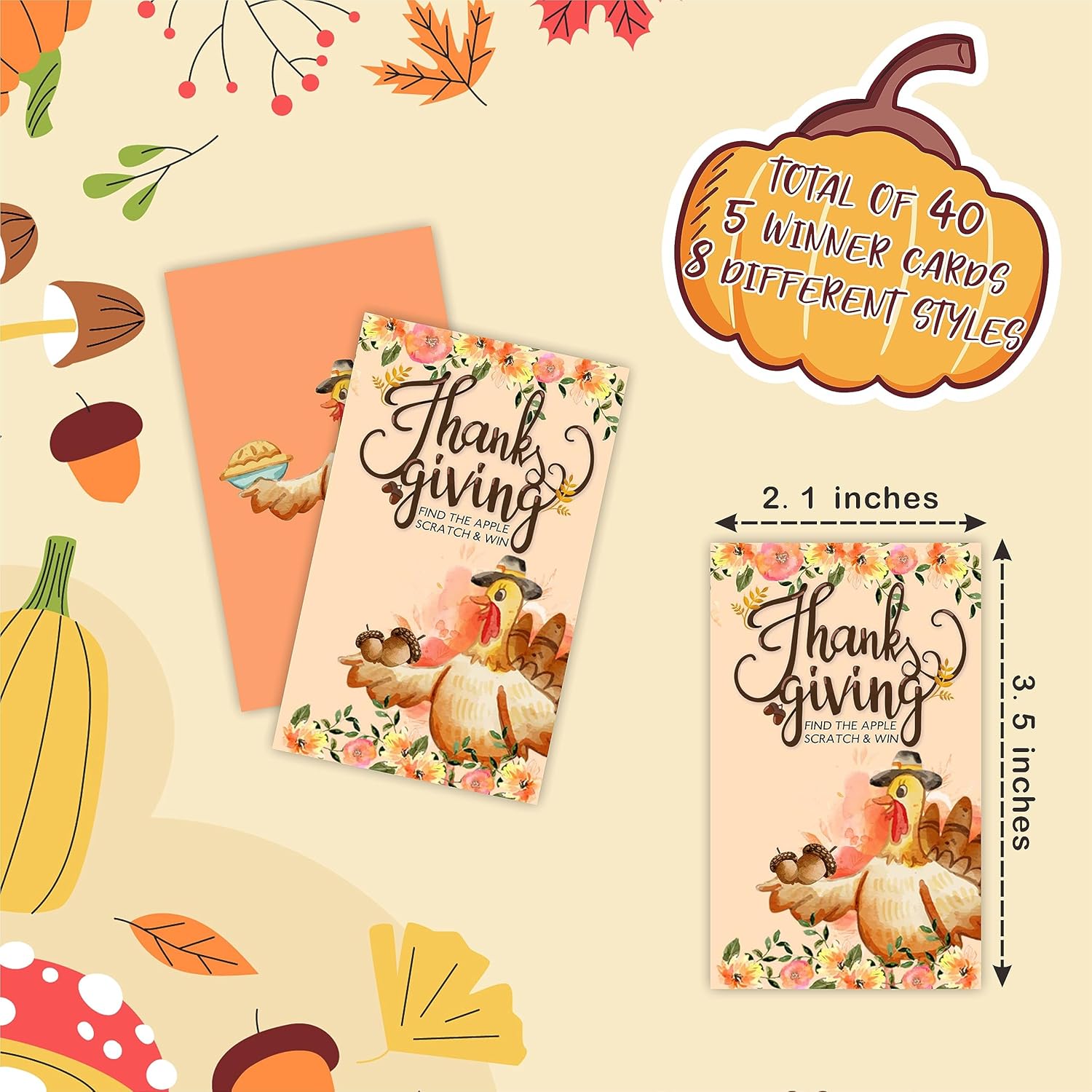 40 tarjetas de juego para rascar de Acción de Gracias  Encuentra la manzana, tarjetas de juego para ganar con calcomanía, acuarela de pavo,