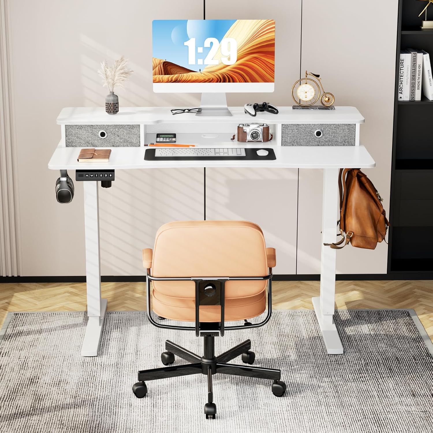 Sweetcrispy Escritorio eléctrico de pie ajustable en altura con estante de almacenamiento, cajón doble, escritorio de pie de 48 x 24 pulgadas,