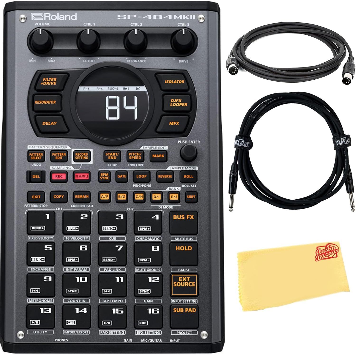 Roland SP-404MKII Paquete creativo de muestreador y efector con cable MIDI, cable de instrumento y paño de pulido de Austin Bazaar