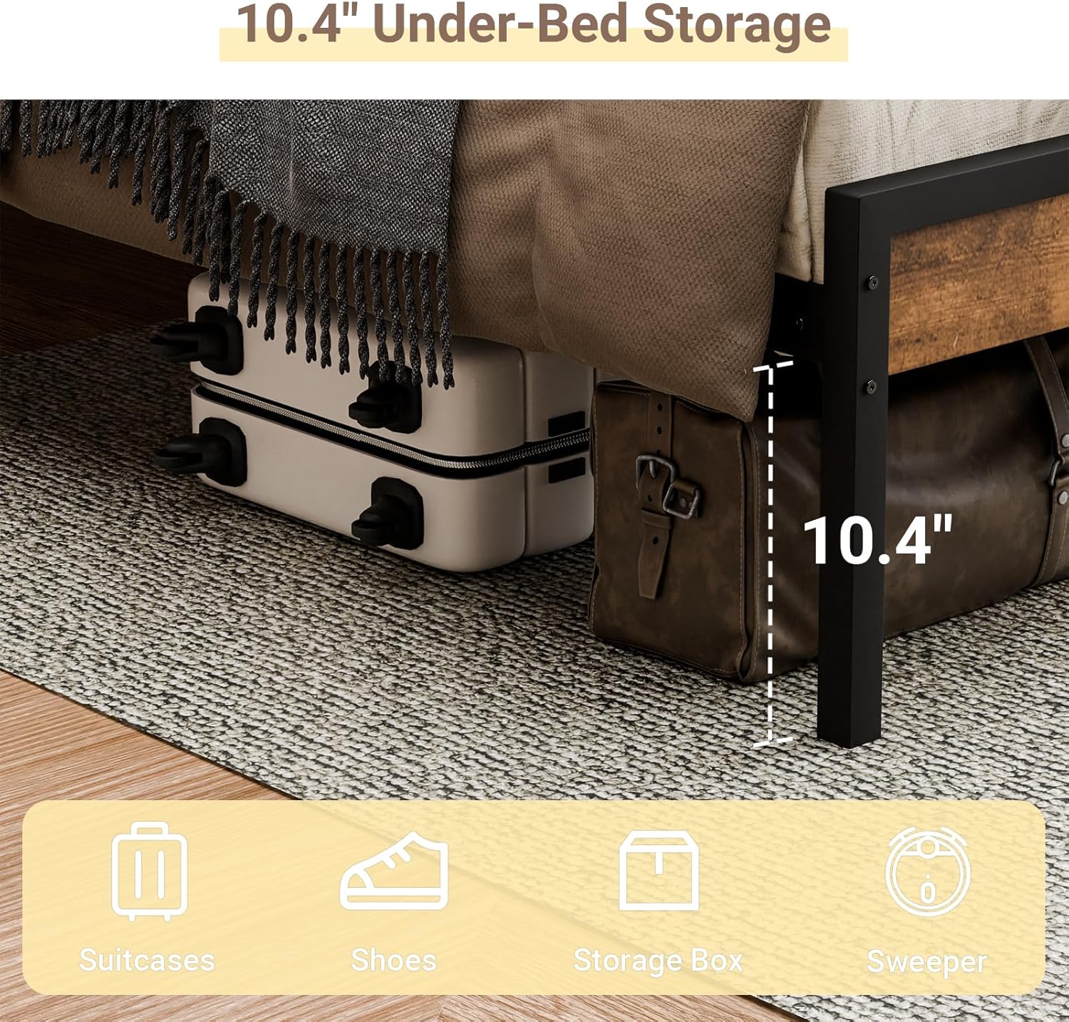 Zevemomo Base de cama Queen con estación de carga, base de cama de plataforma tamaño Queen con cabecera de estante de almacenamiento, marco de cama