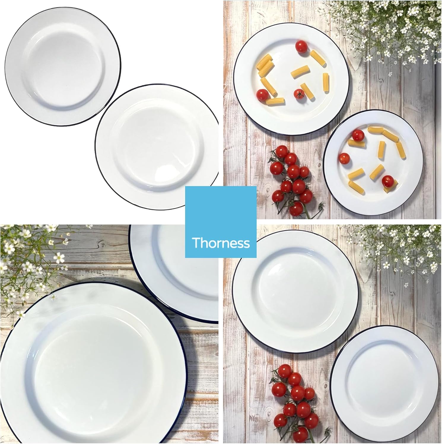 Thorness 2 platos llanos esmaltados blancos de 9.4 in  Plato esmaltado  Juego de 2 platos  Plato tradicional  Plato de cocina para tartas,