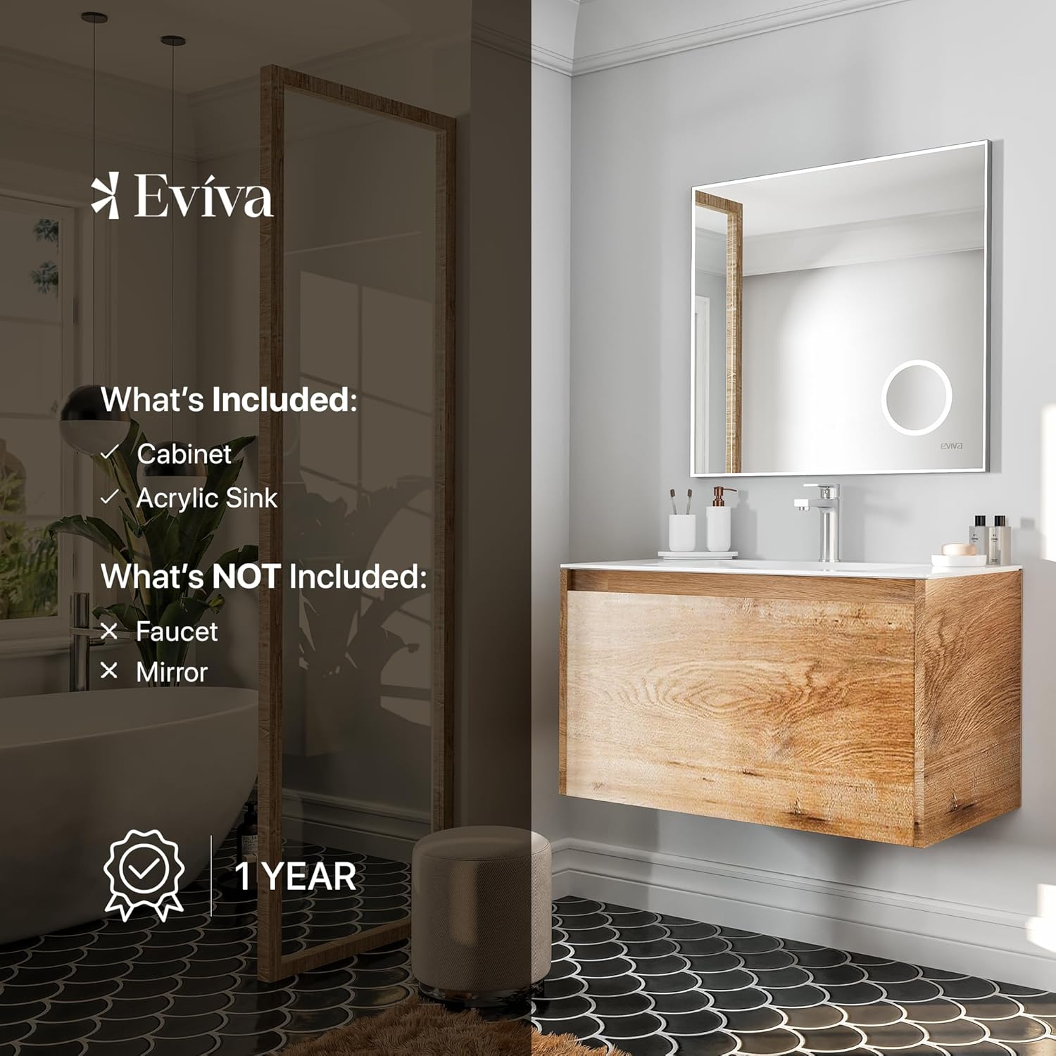 Eviva Tocadores de baño modernos montados en la pared, tocador de baño de roble de ingeniería de 36 pulgadas con fregadero, gabinete de lavabo de