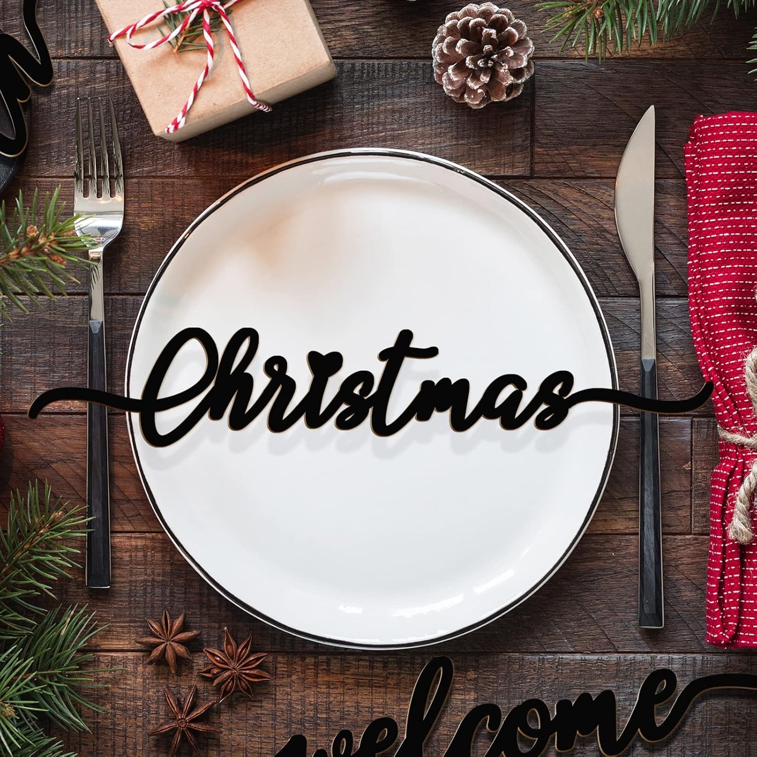 BORAMDO Letrero de pared de madera de Navidad, 12 piezas, recortes de palabras de madera para decoración del hogar, placa de mesa, adornos rústicos,